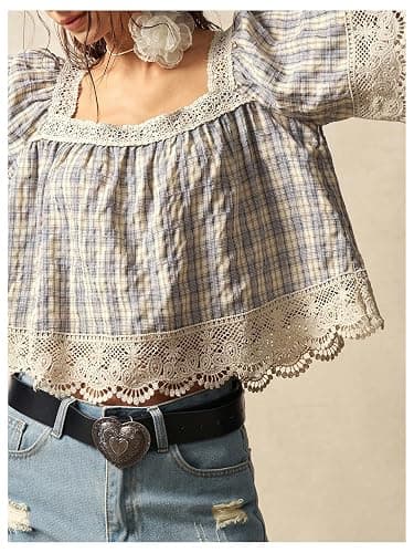 SHENHE Women's Plaid Blouse Crochet Lace Square Neck Cottagecore Crop Top | Boho, Short Sleeve, Vacation Outfits, Loose FIt, Oversized, Peplum Top thumbnail 5