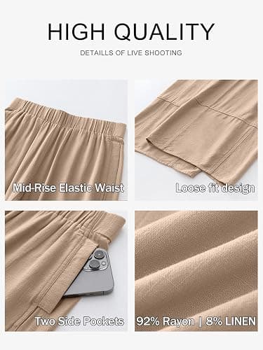 ANRABESS Women's Wide Leg Linen Pants Summer Boho Casual Elastic Waist Long Lounge Travel Pants Trousers with Pockets thumbnail 6