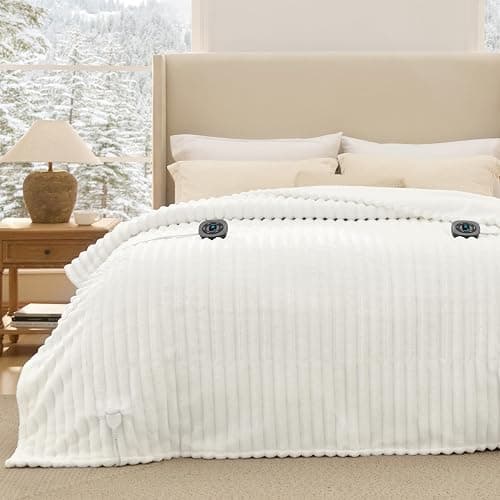 Bedsure Electric Blanket Queen Size - Thick Striped Flannel Electric Blanket with Dual Control, Heating with 10 Heat Settings & 10 Time Settings, 8 hrs Timer Auto Shut Off (84x90 inches, White) - Image 1