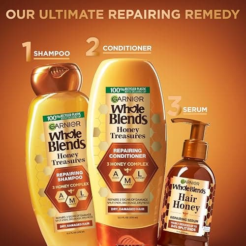 Garnier Whole Blends Honey Treasures Repairing Shampoo, Conditioner + Miracle Nectar Leave-In Set for Dry, Damaged Hair (3 Items), 1 Kit (Packaging May Vary) thumbnail 8