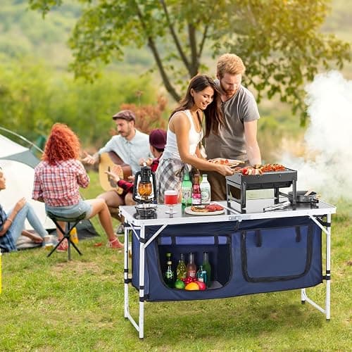 VEVOR Table de Cuisine de Camping, 3 hauteurs réglables, Table de Cuisson extérieur Pliante, Portable et légère, en Aluminium, avec Organisateur de Rangement, pour Barbecue, Pique-Nique, Voyage, Bleu thumbnail 2
