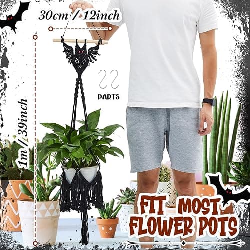 Shappy 2 Packs Jute Crochet Long Plant Hanger for 3 Inch to 12 Inch Pots, Macrame Plant Holder Rope Boho Plant Hanger with 2 S Shaped Hooks for Halloween Home Decor (Black,Bat) thumbnail 3
