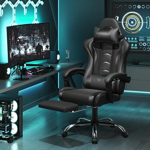 Yaheetech Gaming Chair, Video Game Chair with Massage Lumbar Support and Footrest Height Adjustable Ergonomic Computer Chair with Swivel Seat and Headrest, Full Black thumbnail 9