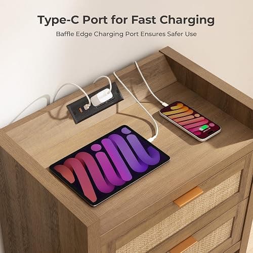 SICOTAS Night Stand Set of 2 - Rattan Nightstands with Type-C Charging Station, 2 Rattan Drawers - Boho Bed Side Tables End Table for Small Space - Natural Oak thumbnail 5
