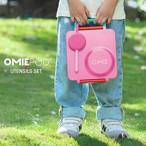 Omie OmieBox Kids Utensils Set with Case - 2 Piece Plastic, Reusable Fork and Spoon Silverware with Pod for Kids (Bubble Pink) thumbnail 2
