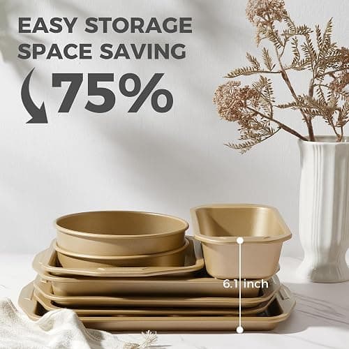HONGBAKE 9-Piece Nonstick Bakeware Set, Wave Texture for Easy Release, 0.8mm Thick Non-Toxic Baking Pans Set, Includes Stackable Cookie Sheets, Antique Gold thumbnail 9