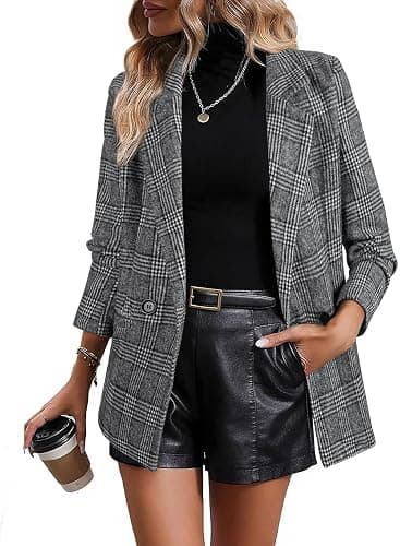 Happy Sailed Women’s Plaid Blazer Classic Lapel Collar Double Breasted Open Front Blazers Jackets Work Suit with Pockets - Image 1