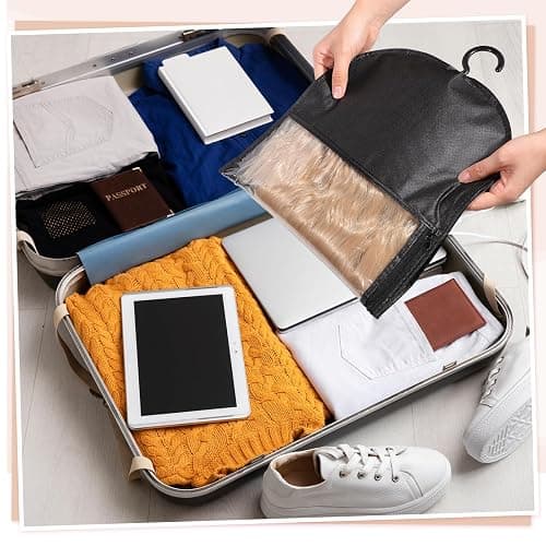 4 Pack Wig Storage Bags with Hanger, 24 Inch, Black | Dust-proof non-woven bags, clear window, wig-safe hanger, closet or travel storage thumbnail 2