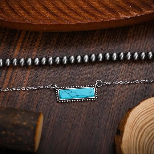 Navajo Pearl Necklace Western Jewelry for Women Turquoise Heart Bar Pendant Necklace Layered Boho Beaded Choker Necklace for Women thumbnail 3
