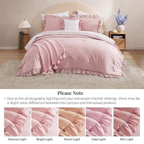 BLOOMHAVEN Twin XL Comforter Set - 5 Pieces Ruffle Soft Pink Bedding Sets, Shabby Chic Farmhouse Bed in a Bag Twin XL with Ruffle Comforter, Floral Sheets, Pillowcases & Shams thumbnail 6