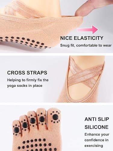 PAPAJIANG 1/2 Pairs Yoga Pilates Socks for Women Non Slip Grips Socks Woman | Grippy Barre Gripper Five Toe Socks Woman US Size 5-8.5 thumbnail 3