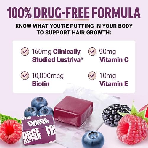 Force Factor Hair Growth Accelerator Soft Chews, Hair Growth Vitamins for Women and Men with Clinically Studied Lustriva and Biotin, Promotes Thicker, Fuller, Stronger Hair, Mixed Berry, 60 Soft Chews thumbnail 7