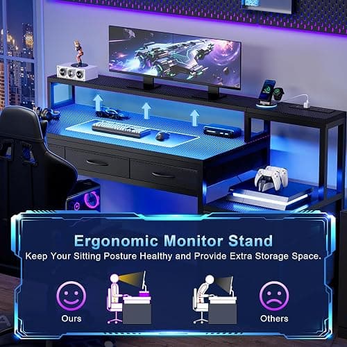 REAHOME 61 Inch Gaming Desk with Charging Station and LED Lights, Reversible Computer Desk with Storage Drawer and Monitor Stand, Modern Desk Table with File Cabinet & Side Pocket, Carbon Fiber Black thumbnail 6
