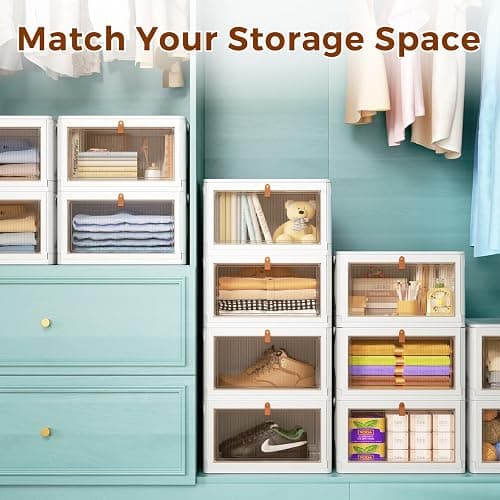 Wise Oannes 4 Tier Storage Bins with Lids, 23QT Stackable Closet Organizers and Storage with Wheels, Collapsible Storage Boxes, Foldable Plastic Storage Containers for Home,Office, Dorm Room - White thumbnail 5