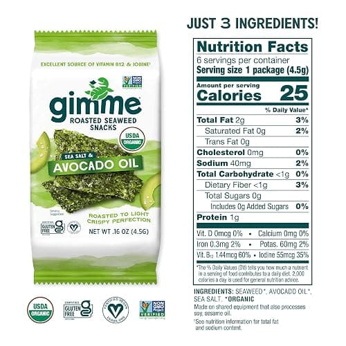 Gimme Seaweed Organic Premium Roasted Seaweed Snacks, Sea Salt & Avocado Oil, 6 Count, Keto, Vegan, Gluten-Free, Great Source of Omega3s and Iodine, Healthy On-The-Go Snack for Kids and Adults thumbnail 2