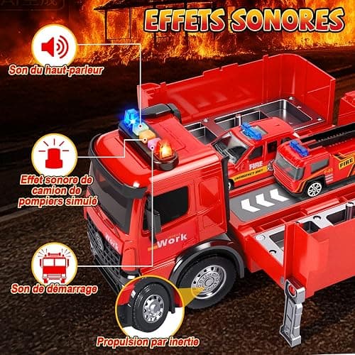 BuntWunder Gros Camion Pompier Enfant, Voiture de Pompier avec Sonore, Lumineux et éChelle Pivotante de Extensible, Construction Véhicule Jouet avec Pulvérisation d'eau, Cadeau Enfant 3 4 5 6 7 8 Ans thumbnail 5