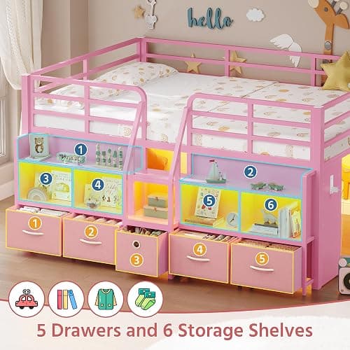 BYSAUD Full Low Loft Bed with 5 Storage Drawers and 6 Bookcases, Pink | Metal Loft Bed for Kids with LED Lights & Charging Station, 15" Safety Guardrail & Ladder, Under-Bed Play Space thumbnail 3