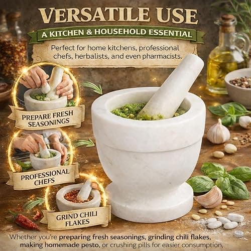 Creative Home Handcrafted 4 inch Mortar and Pestle Solid Marble Grinder for Spices and Herbs Artisan Carved from Yushan Marble Elegant and Durable for Everyday Cooking, 4 Diam. x 4 H Inch thumbnail 3