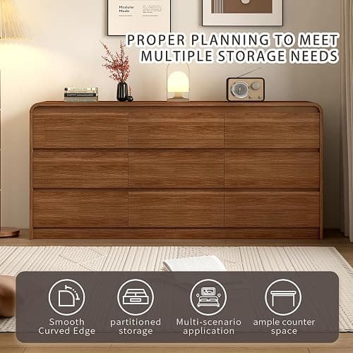 9 Drawer Dresser For Bedroom 63 Inch Wood Chest of Drawers - Curved Anti Collision, Mid Century Dresser For Closet with Natural Texture & Pre-Embedded Slots for TV Stand, Living Room, Nursery thumbnail 4