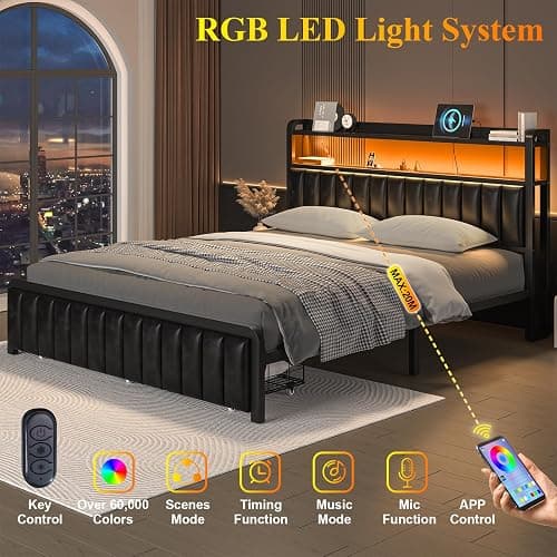 Full Size Bed Frame and Upholstered Storage Headboard, LED Light, Black | Built-in Charging Station, Wheeled Under-bed Drawers, Heavy-Duty Metal Slats, Noise-Free, Easy Assembly, No Box Spring Needed thumbnail 4