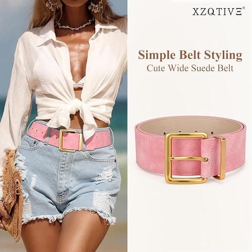 XZQTIVE Women Wide Chunky Belt for Dresses Fashion Thick Suede Belt with Gold Buckle thumbnail 3