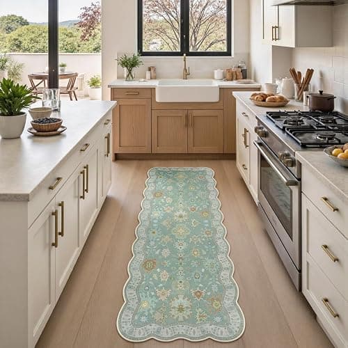 LORWER Oushak 2x6 Runner Rug, Washable Green Boho Floral Turkish Retro Runners, Scalloped Ultra Thin Non Slip Low Pile Long Throw Rug for Laundry Room Kitchen Bathroom thumbnail 2