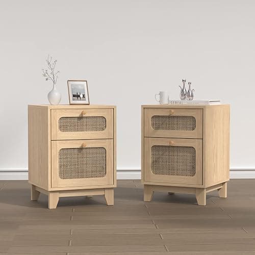 Modern Wicker Rattan Nightstand Set of 2, Rattan Stand with Drawer and Storage Space, Wooden Side End Table for Small Spaces, Natural Wood BedsideTable for Bedroom thumbnail 9