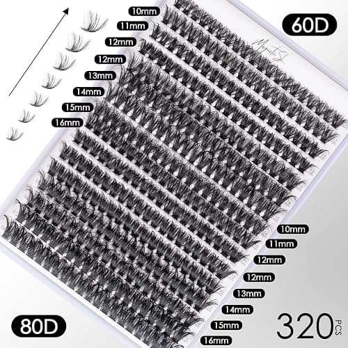 Individual-Lashes 320PCS 60D+80D DIY Lash Extension Kit with Bond and Seal 10-16mm MIX Fluffy False Eyelashes with Glue and Eyelash Applicator, Look Like Eyelash Extension at Home(60D+80D-0.07D) thumbnail 2