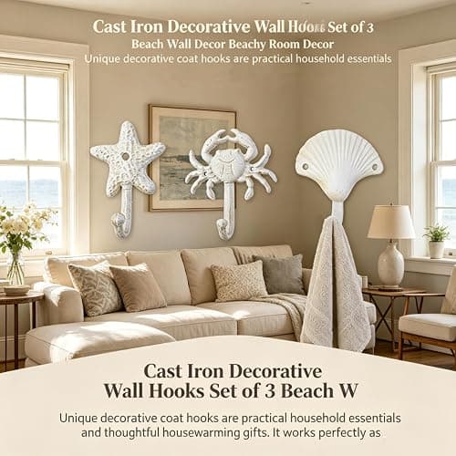 Cast Iron Wall Hooks Set of 3, Coastal Beach Towel Hooks for Bathroom | Durable cast iron wall hooks with coastal design for hanging towels, coats, and hats, adding seaside style to your home. thumbnail 7