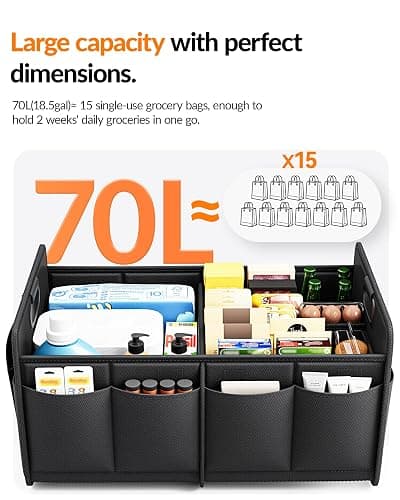 Homeve Car Trunk Organizer for SUV, 18.5Gal Large Capacity No-Sag Heavy Duty, Foldable Waterproof Anti-Slip Storage with 12 Pockets, Fit Sedan,Truck, Universal Car Accessories, Black, Large, 2 Compart thumbnail 5