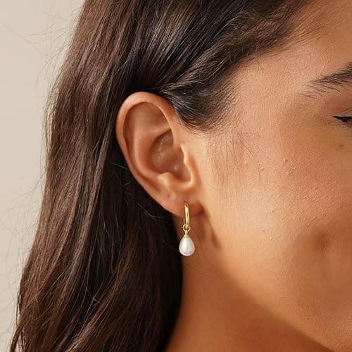 JOBICY Pearl Earrings for Women Trendy, 14k Gold Plated Freshwater CZ Leaf Pearl Dangle Drop Gold Earrings Lightweight Hypoallergenic Stud Earring Bridesmaid Wedding Gold Jewelry for Women Gifts thumbnail 5
