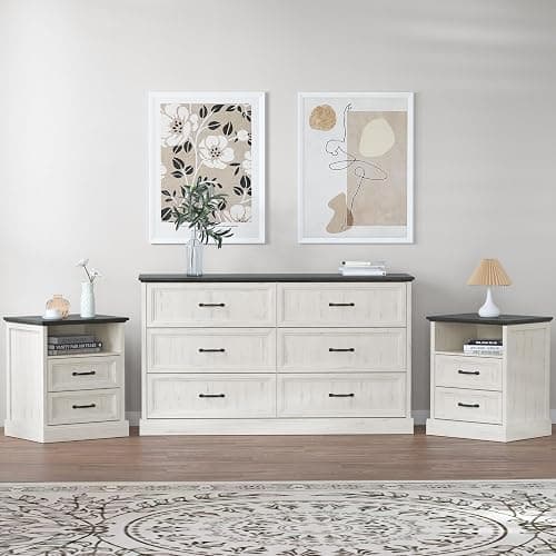 Tradare 3 Pcs Farmhouse Dresser and Nightstand Sets for Bedroom, 6 Drawer Dresser & Nightstand Set of 2, Rustic Wooden Chest of Drawers Wide Storage Organizer for Bedroom, White - Image 1