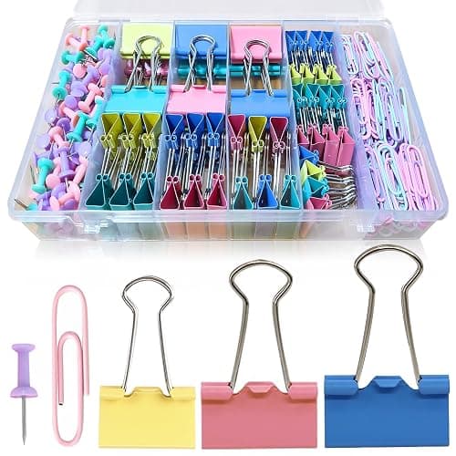 Paper Clips and Binder Clips Assorted Sizes, 240 PCS Colored Office Clips Set Large Medium Small Paper Clamps Paperclips Push Pin Thumb Tacks, College Supplies Home Office Supplies Document Organizing - Image 1