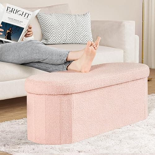 PINPLUS Storage Ottoman Bench Tufted Oval Ottomans for Living Room Foot Rest, Chest Box Velvet Bench with Storage, Pink 43"x15"x15" (Pink) thumbnail 6