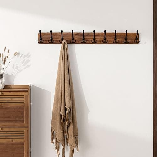 SKOLOO Rustic Large Coat Rack Wall Mount-38.6'' Long Coat Rack for Wall, Wood Coat Rack Hook, Farmhouse Coat Hanger Wall Mount for Hanging Jacket Coat - 1 Item-10 Hooks - Brown Plate & Black Hook thumbnail 5