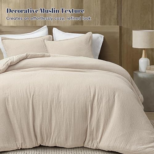 PHF Cotton Muslin Comforter Set King – 100% Cotton Cover, Ultra Soft & Breathable, 3PCS Lightweight All-Season Bedding with Polyester Fill, 1 Comforter 104"x90" & 2 Pillow Shams 20"x36", Natural thumbnail 6