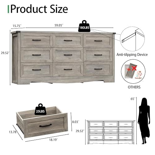 Dresser for Bedroom with 9 Drawers, 59" Wide Wood Chest of Drawers with Deep Drawers & Mental Handle, Modern Dresser TV Stand, Wooden Closet Storage Organizer for Living Room, Hallway, Entryway, Grey thumbnail 2