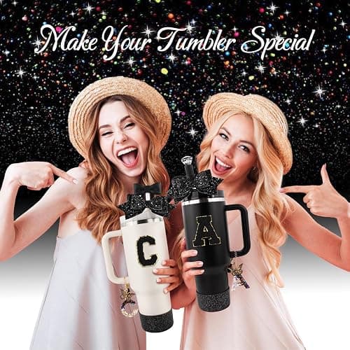 Lingdeer Black Cup Accessories Set for Stanley 30OZ & 40OZ Tumbler with Handle, Letter Charms, Bow & Diamond Straw Covers, Glitter Silicone Boot, Personalized Sticker for Stanley Cup Accessories (E) thumbnail 2