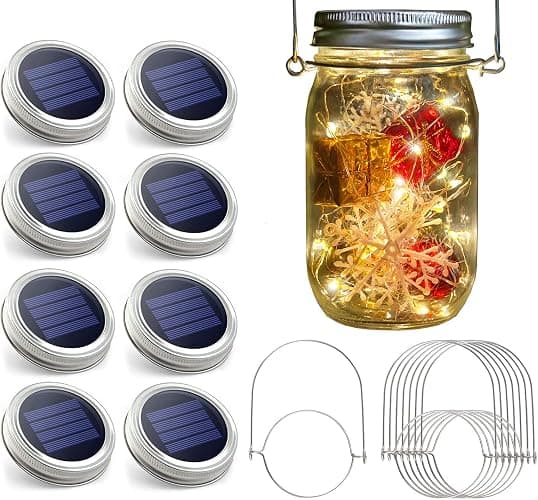 Urvoix Solar Mason Jar Lights - 8 Pack 30 LED Solar Fairy Lights Outdoor, Waterproof Mason Jar Lids Lights Solar Powered String Lights with Hangers(NO Jars) for Garden Patio Lantern Decor - Image 1