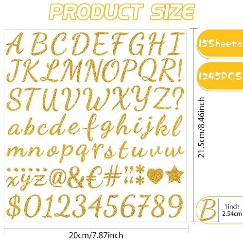 1245Pcs Letter Stickers 15 Sheets Alphabet Stickers Vinyl Gold Sticker Letters 1Inch Self-Adhesive Glitter Number ABC Stickers for Scrapbook Water Bottles Graduation Cap Crafts Mailbox Sign (Gold) thumbnail 3