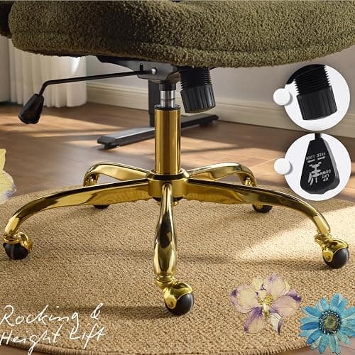 VINGLI Wide Criss Cross Legged Office Chair,Buttprint Ergonomic Desk Chair Comfy with Pillow&Gold Base,Dual-Use with/no Wheels,Adjustable Vanity Swivel Chair for Bedroom,Home Office,Teddy Fleece,Green thumbnail 8