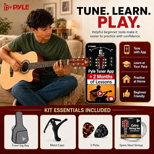 Pyle Beginner Acoustic Guitar Kit - Full Size 41” Cutaway Dreadnought Natural Matte Finish w/ Upgraded Gig Bag, Tuner, Steel Strings, Picks, Strap, Capo, For Beginners/Adults - (Natural, Premium Kit) thumbnail 7