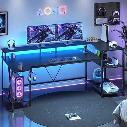 SEDETA Gaming Desk 70.8'' with LED Lights and Storage Shelves, Computer Desk with Monitor Stand, Power Outlets and Cup Holder, Large PC Gamer Desk, Gaming Table for Bedroom, Living Room, Black - Image 1