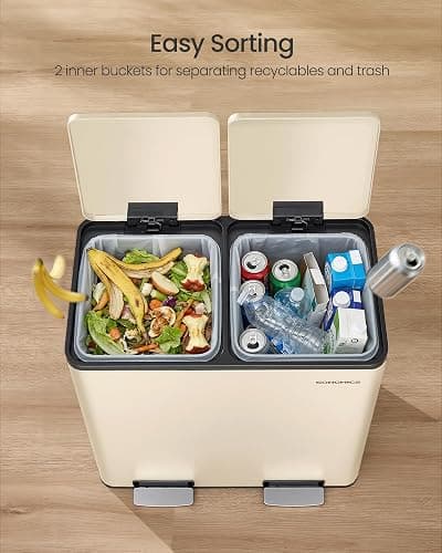 SONGMICS Trash Can, 2 x 8 Gallon (2 x 30 L) Double Compartment Garbage Can for Recycling, Stainless Steel, with 15 Liner Bags, Soft-Close Lids, Removable Buckets, Pedals, Almond ULTB160AZ01 thumbnail 7