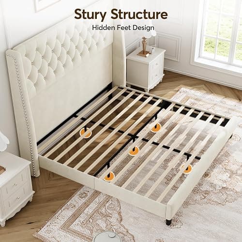 SEREINEY Queen Bed Frame with 55" Tall Headboard, Upholstered Bed Frames, Soft Fabric, Button Tufted Headboard with Windback, Platform Bed, Noise-Free, No Box Spring Needed, Beige thumbnail 7