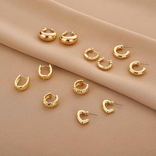 Wgoud Chunky Hoop Earrings Set 14K Gold Plated Hoop Earrings for Women Hypoallergenic, Thick Twisted Huggie Hoops Earring Set thumbnail 4