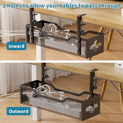 Litwaro Under Desk Cable Management Tray No Drill, 13.38'' Metal Wire Organizer with Clamp Mount for Standing Desk, Cord Management Box for Home Office – No Damage to Desk (Black) thumbnail 5