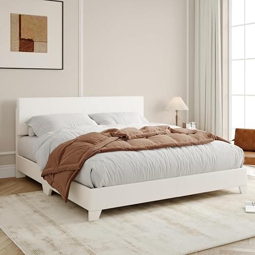Allewie Full Size Bed Frame with Adjustable Headboard, Faux Leather Platform Bed with Wood Slats, Heavy Duty Mattress Foundation, No Box Spring Needed, Noise-Free, Easy Assembly, White - Image 1