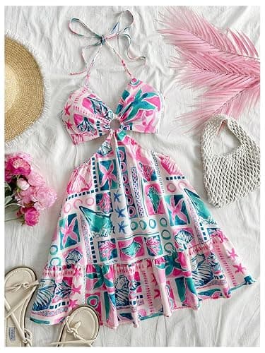 Floerns Women's Floral Halter Neck Vacation Dress Sleeveless Cut Out Boho Cami Dress thumbnail 5