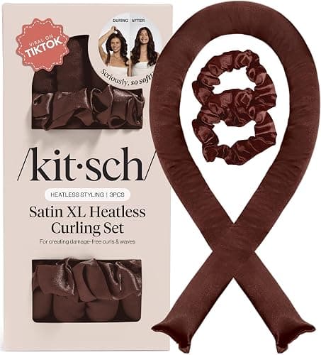 Kitsch Satin Heatless Curler Set, No Heat Damage Styling - Chocolate | Heatless Curls Overnight w/34 " Hair Waver & 2 Satin Scrunchies, Comfortable Hair Curlers to Sleep in for Frizz-Free Hair - Image 1